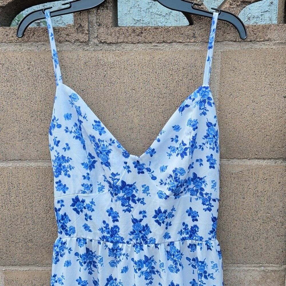 Blue Floral Spaghetti-Strap Maxi Dress, Open Back, Medium Size - Picture 3 of 10
